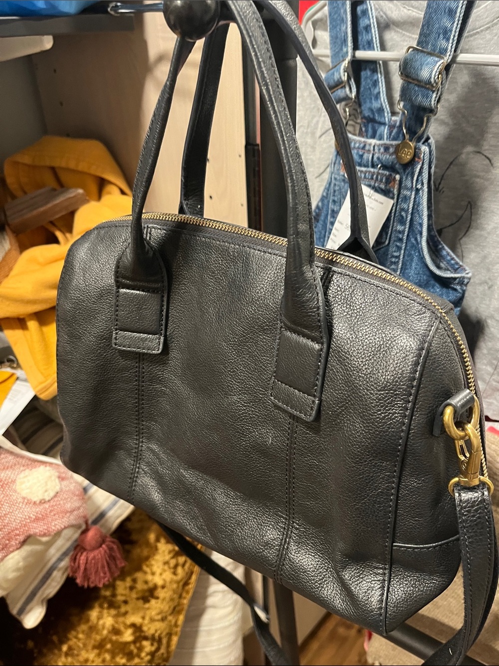 Fossil Black Leather Crossbody Satchel with Gold Hardware